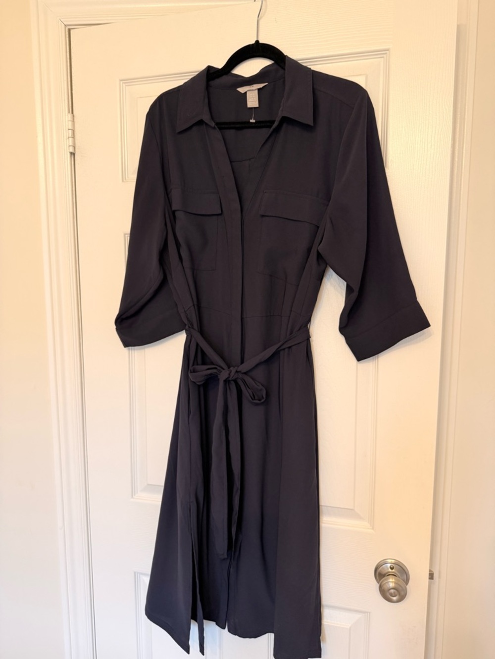 H&M Navy Button-Front Midi Shirt Dress with Tie Waist